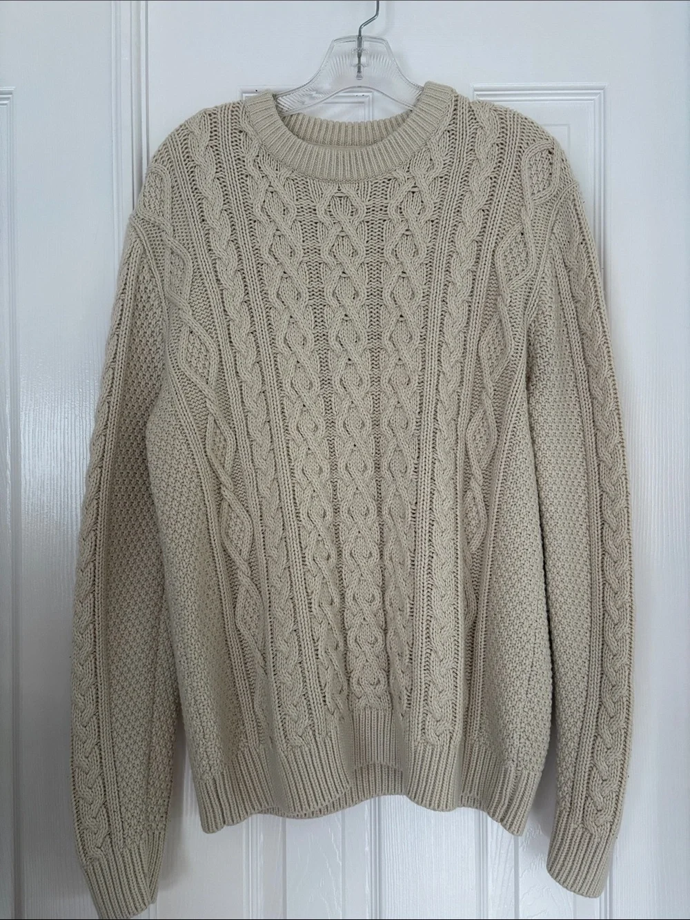 H&M L.O.G.G. Men's Cream Cable Knit Crewneck Grandpa Tunic Sweater Size Medium